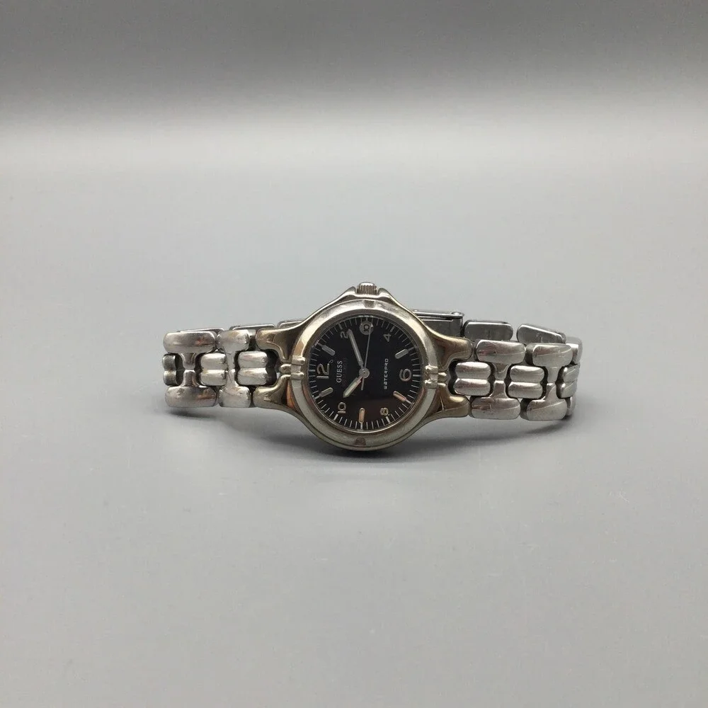 Vintage Guess Womens Watch 25mm Silver Tone Black Dial Date New Battery 6.5